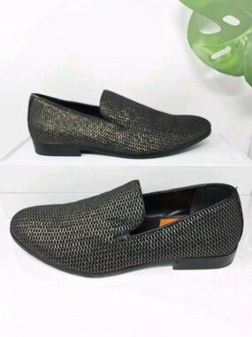 Talia Tedaldo Men’s 10 Black Gold Textured Loafers Slip On Luxury Dress Shoes